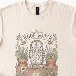 Roof Watch Owl Graphic Tee Vintage Botanical Illustration Natural